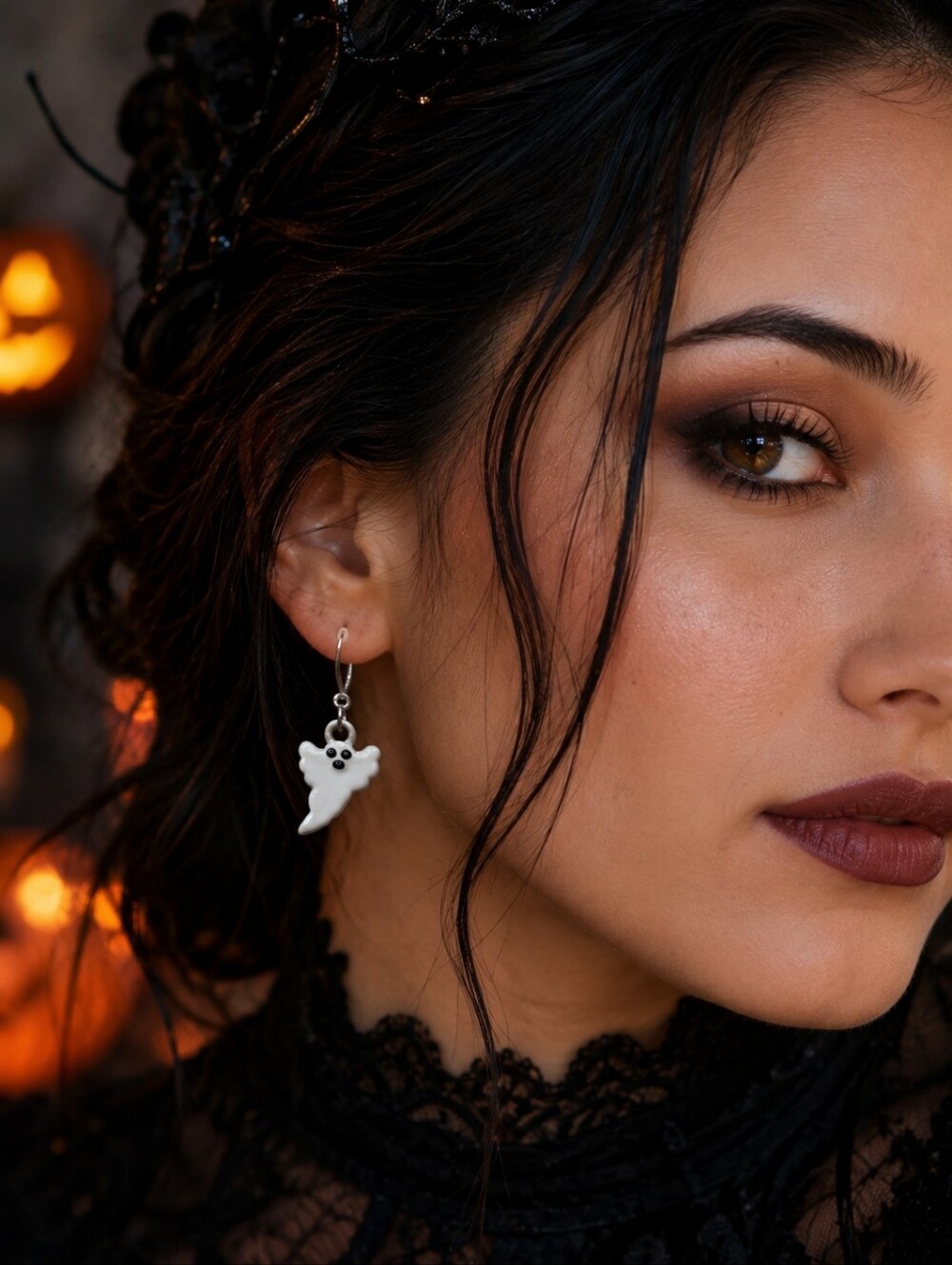 Small Mini White Ghost Charm Thin Silver Hoop Earrings Halloween Fashion Jewelry